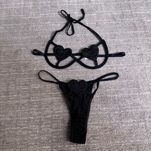 Black Super Sexy Heart Underwire Bra and Panty Lingerie Set Small NWOT
